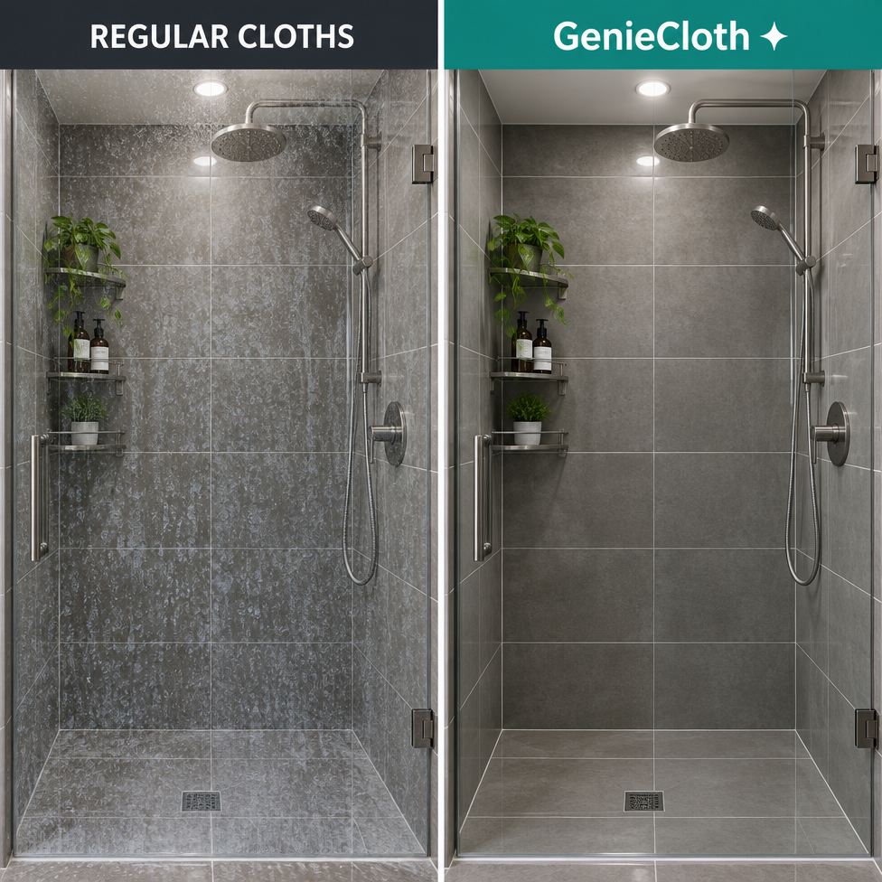 Bathroom mirror cleaned with a regular cloth next to a streak-free mirror cleaned with GenieCloth