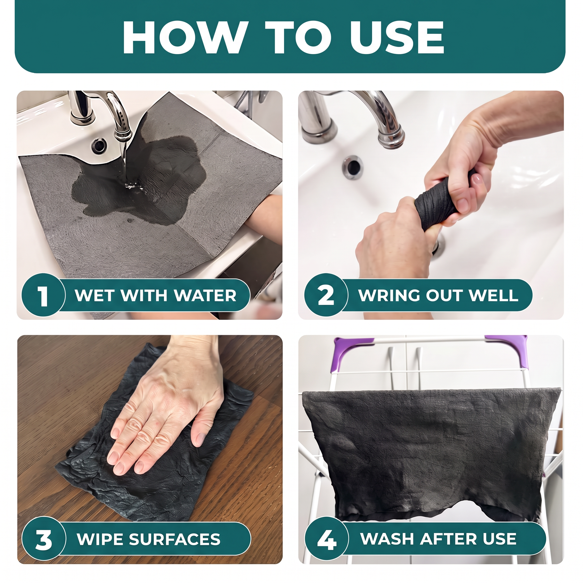 Four steps for using the GenieCloth cloth: wet, wring, wipe, wash