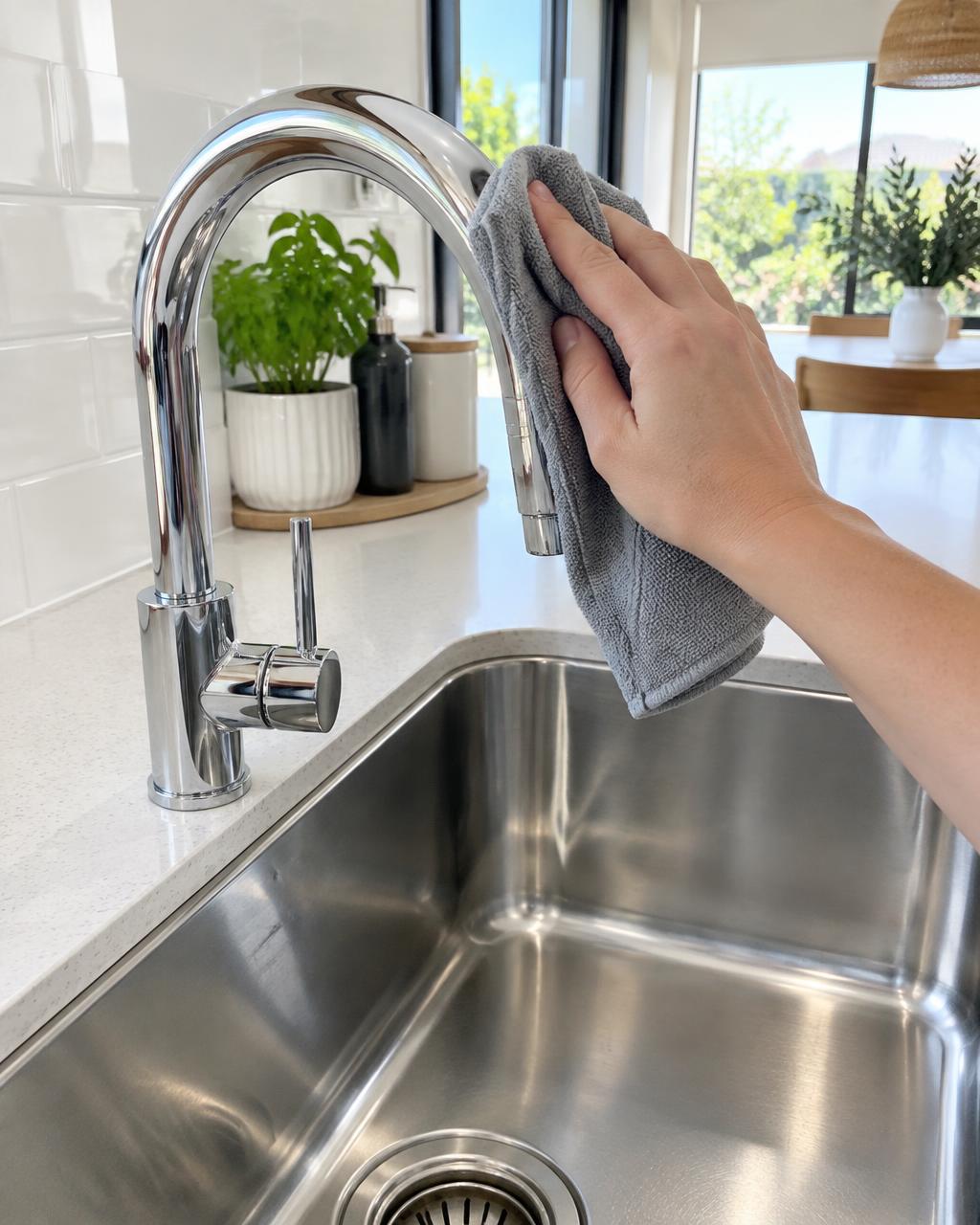 Customer polishing a chrome kitchen tap with a GenieCloth cloth