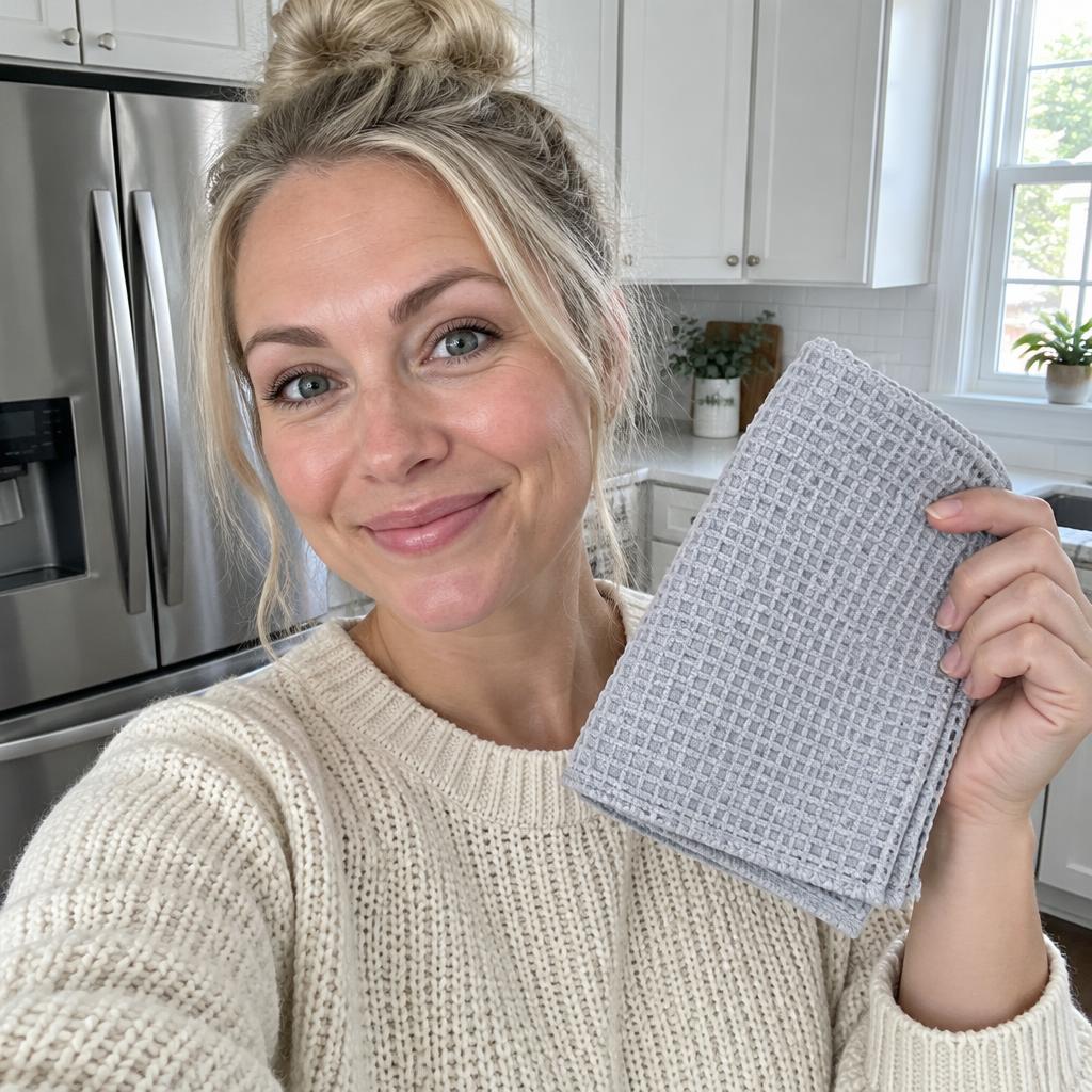 Smiling customer holding up her GenieCloth cloth in the kitchen