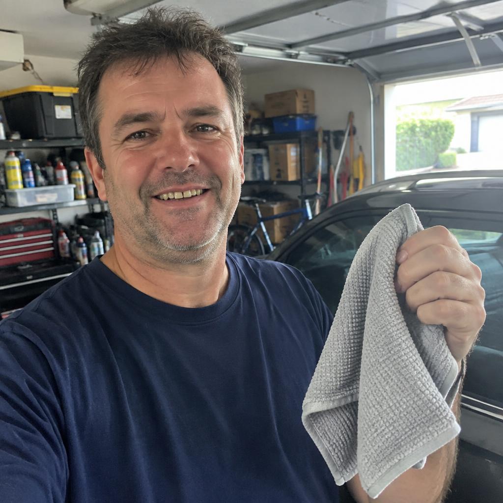 Customer holding his GenieCloth cloth while detailing his car