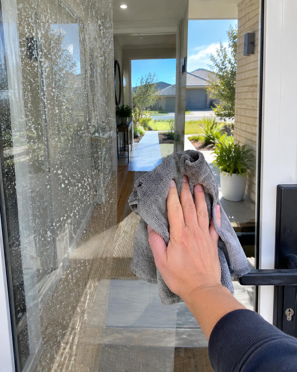Customer wiping water spots off a glass front door with a GenieCloth cloth