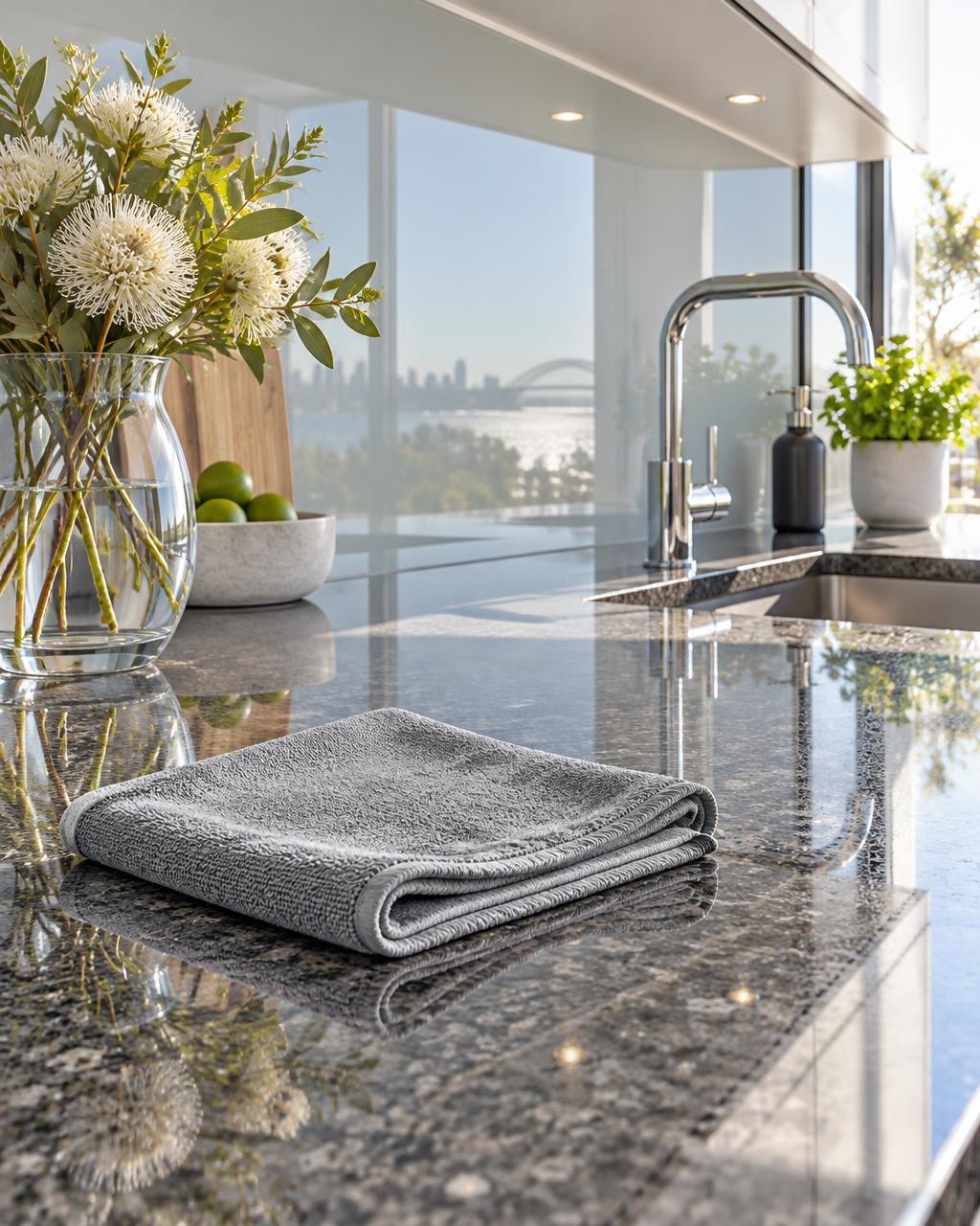 GenieCloth cloth resting on a polished granite kitchen benchtop with a streak-free glass splashback