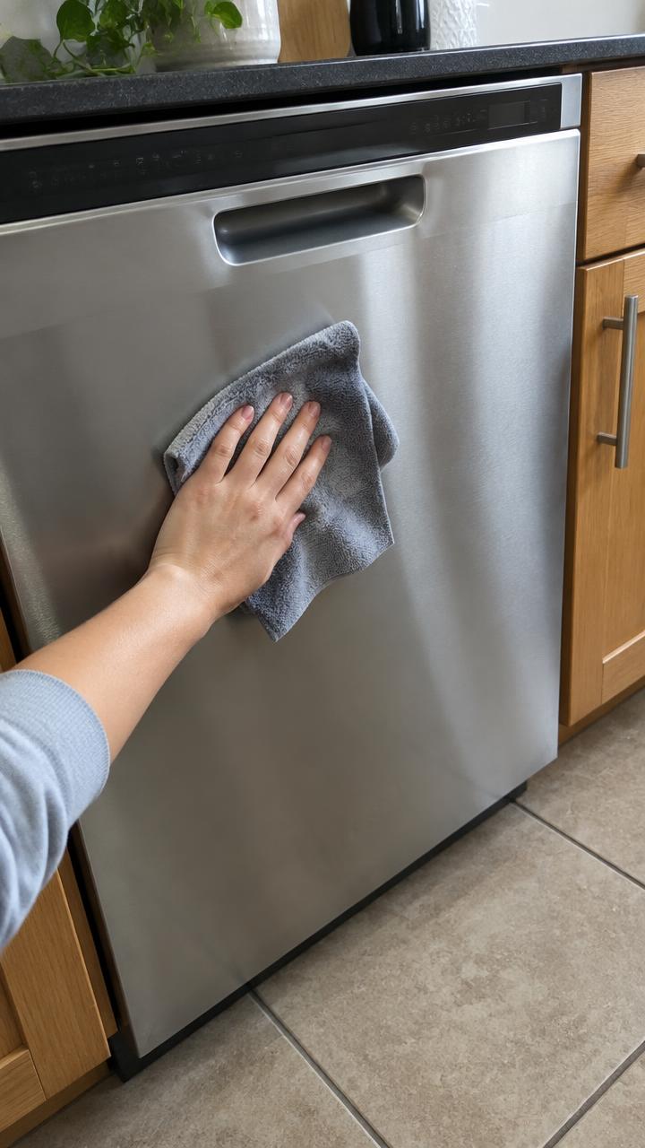 Customer wiping a dishwasher door with a GenieCloth cloth