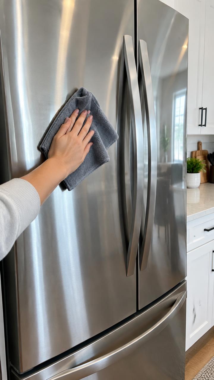Customer polishing a stainless steel fridge with a GenieCloth cloth